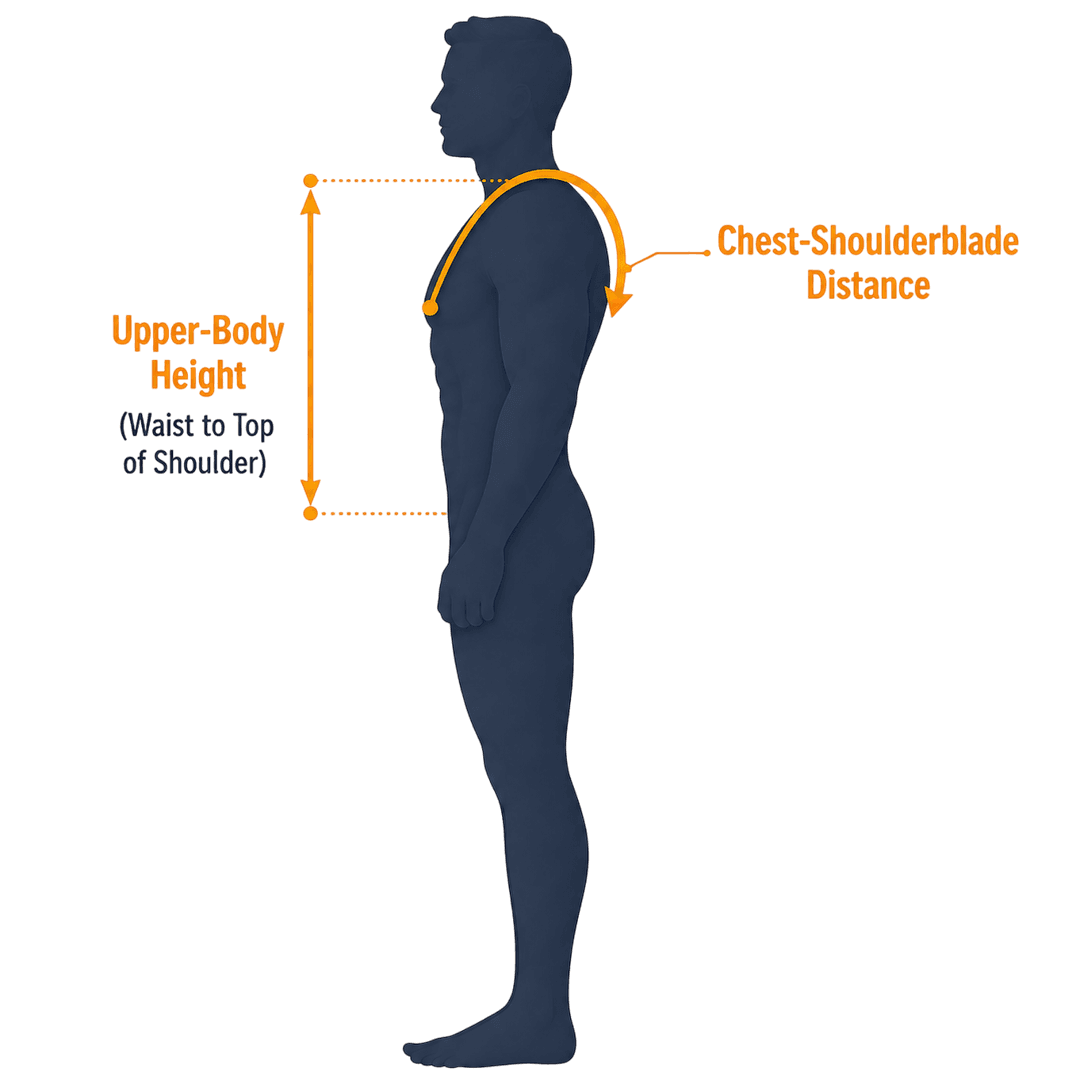 Ares Harness side view - chest to shoulder blade and upper body height measurements